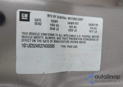 2002 Chevrolet Cavalier из США, поврежденный, VIN 1G1JC524X27435085